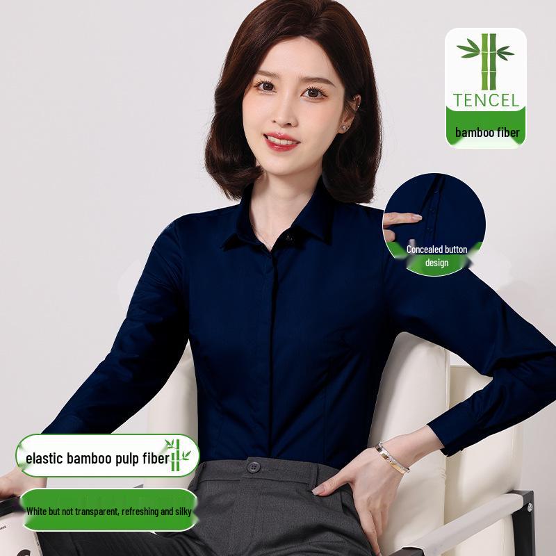 Women's Slim Fit Long Sleeve Bamboo Fiber Anti-Wrinkle White Shirt for Business or Casual Wear