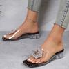 Fashion New Hot Women Fashion Slippers Shoes Woman Transparent Rhinestone with Medium Heel Slippers Open-Toe Female Plus Size 43 Shoes