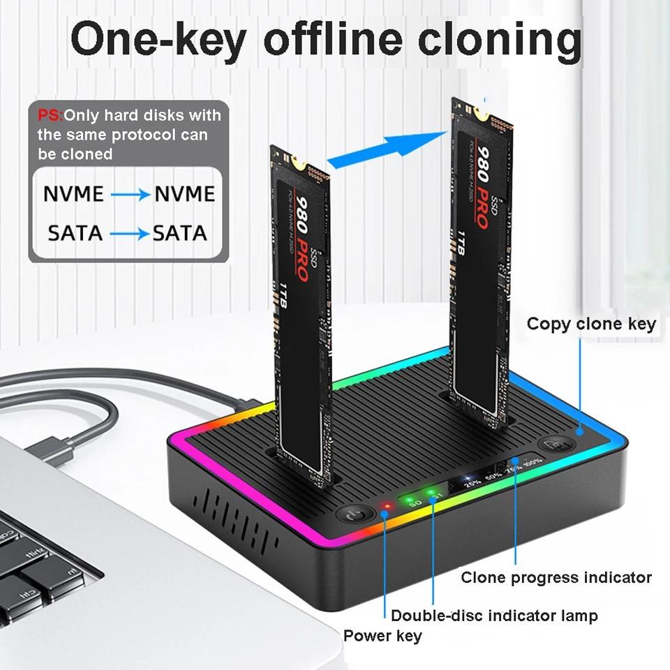 M.2 NVMe/SATA Dual-Bay Hard Drive Docking Station Offline Clone Hard Disk M.2 SSD Duplicator USB3.2 GEN2 SSD Adapter Enclosure