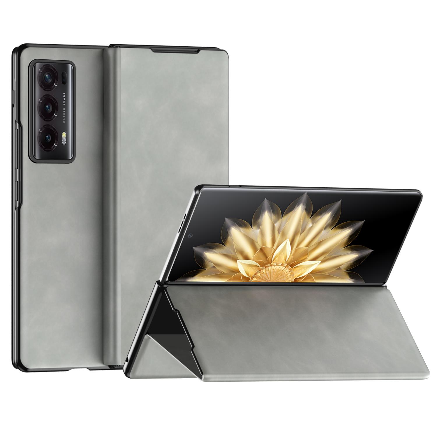 

For Honor Magic V2 5G Folding Phone Case Nappa Texture PU Leather+PC Stand Cover Grey