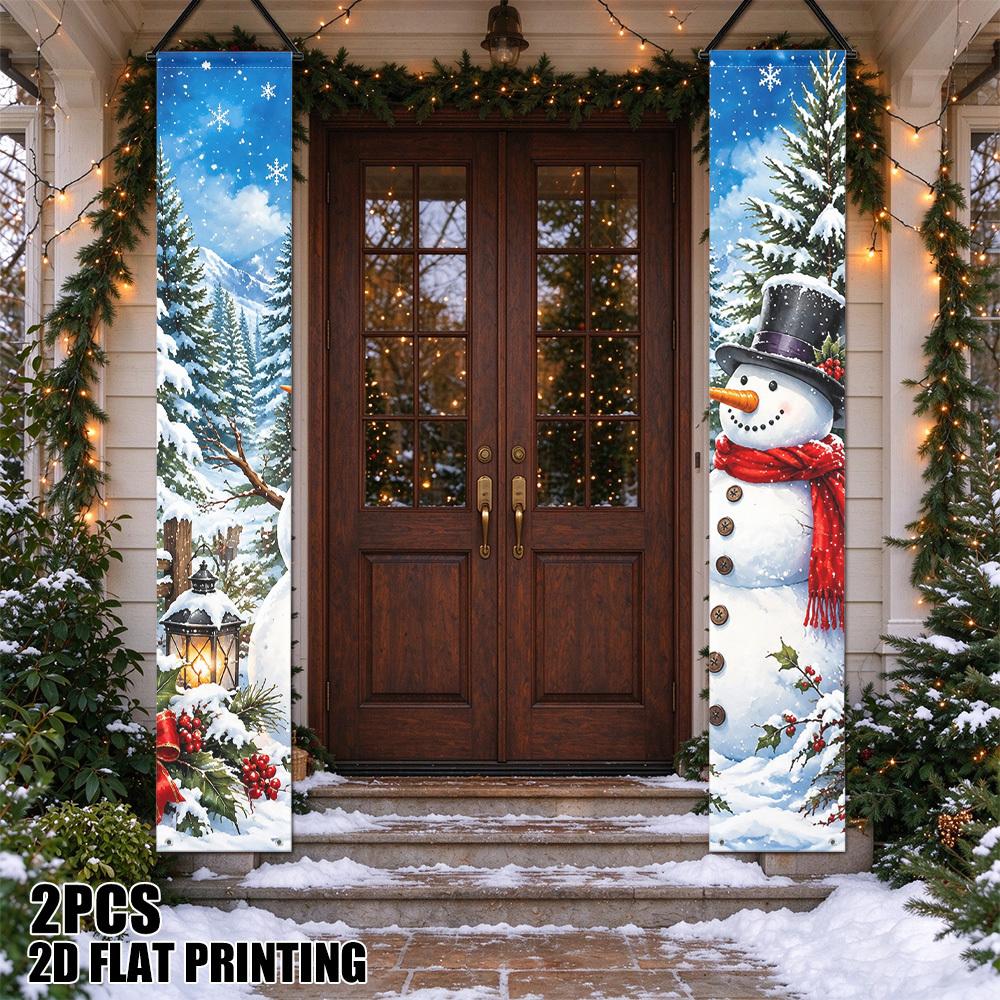 2D Flat, 2pcs Pack 2D Flat Printing Snowman Winter Scene Banner & Door Decoration Suitable for Christmas, New Year, Winter Parties - Hanging Door Coup