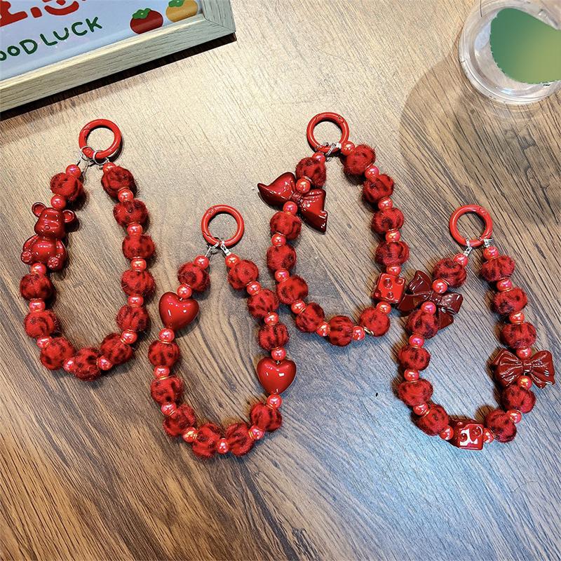 Vintage Red Fur Ball Phone Lanyard Sweet Beaded Mobile Phone Chain Keychain  Year Christmas Cellphone Strap Camera Pendant