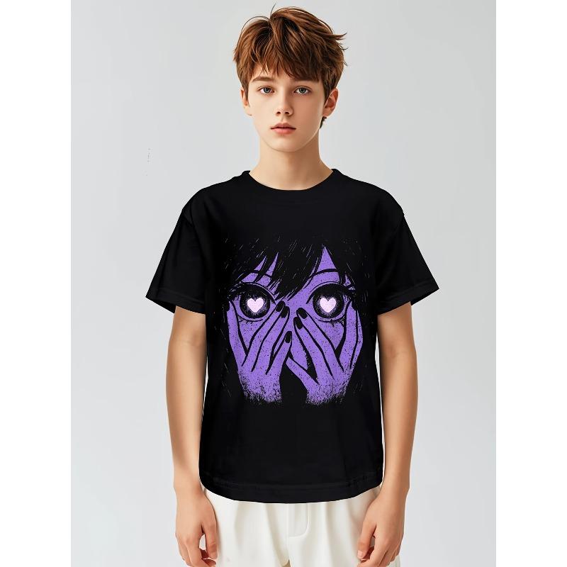 European sizes Soft Breathable Anime Eyes Girl Hearts Manga Otaku Grunge Alt Goth Aesthetic T-Shirt for Kids | Boys & Girls Graphic Tee