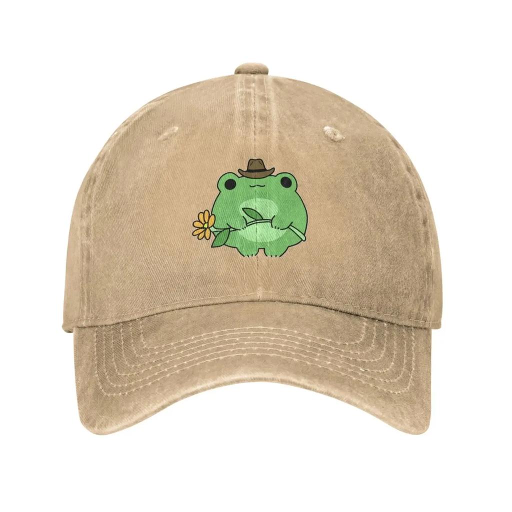 Cute Frog Flower Adjustable Washed Denim Cotton Low Profile Man Dad Trucker Hat Fitted Baseball Ball Cap for Men Unisex Headwear