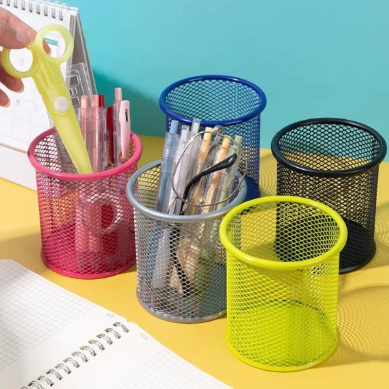 Simple Iron Mesh Pen Holder for Office Supplies, Metal Mesh Ironwork Desktop Storage Bucket for Student Stationery
