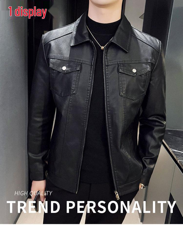 Men's Trendy PU Leather Motorcycle Jacket with Turn-Down Collar and Multi-Pockets for Autumn and Winter - Casual Spring Coat