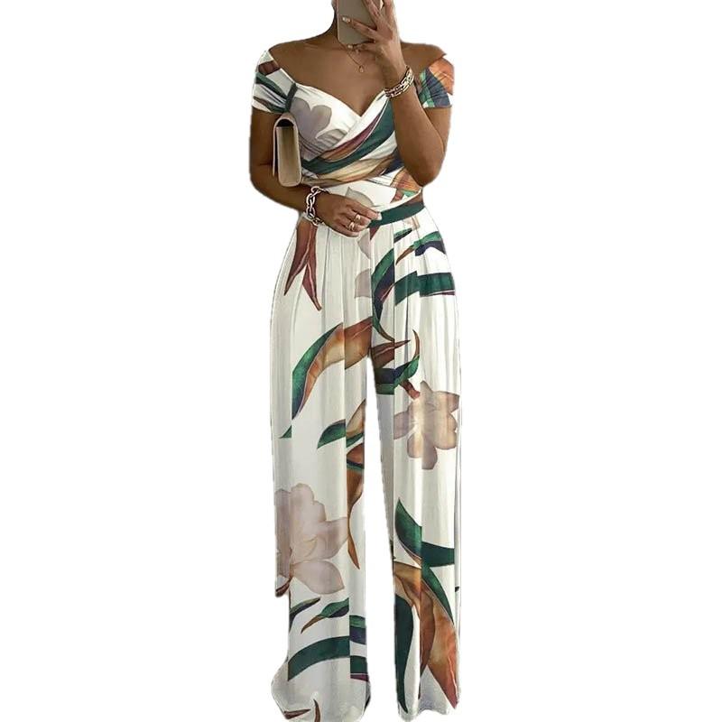 2026 spring new women's clothing, cross-border foreign trade Europe and the United States, one-word collar temperament printed casual wide-leg pants