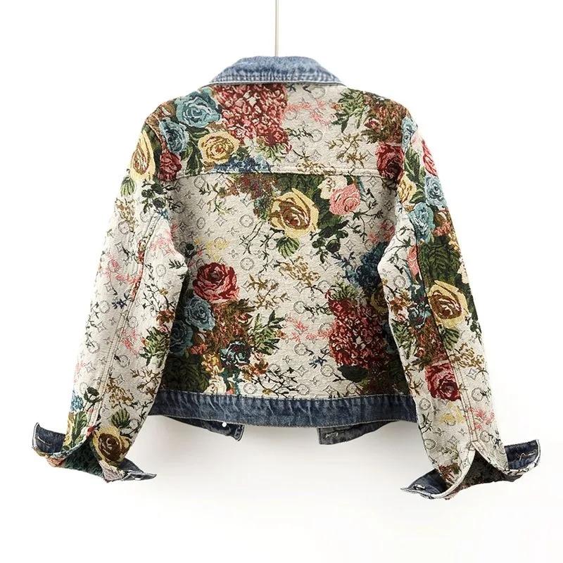 Women's Cowboy Coat Spring Summer Lapel Collar Versatile Ladies Denim Jacket Fashion Printing Splicing Lady Outerwear