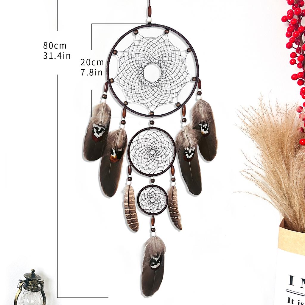 Black Dreamcatcher Hanging Decoration Feather Wind Chime Handmade Handwoven Creative Wall Hanging Triple Rings Pendant