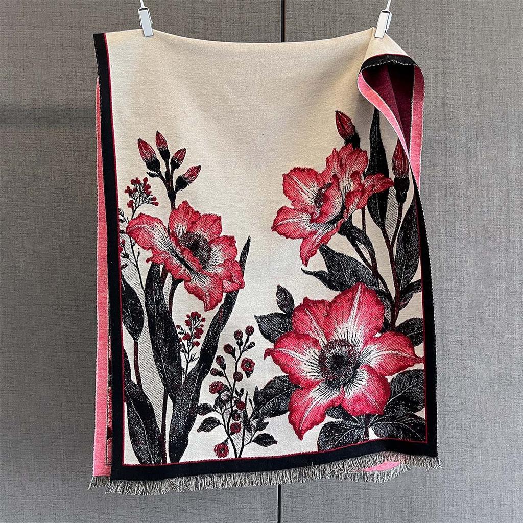 Autumn New Plant Flower Print Scarf Autumn and Winter Imitation Cashmere High-end Warm Scarf Shawl Women