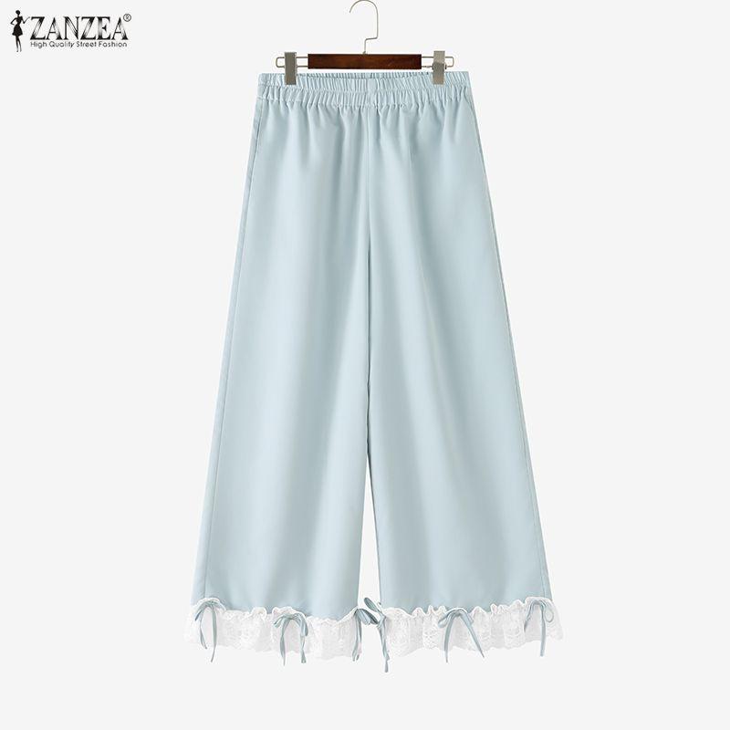 ZANZEA Women Casual Elastic Waist Loose Casual Lace Splice Cropped Pants