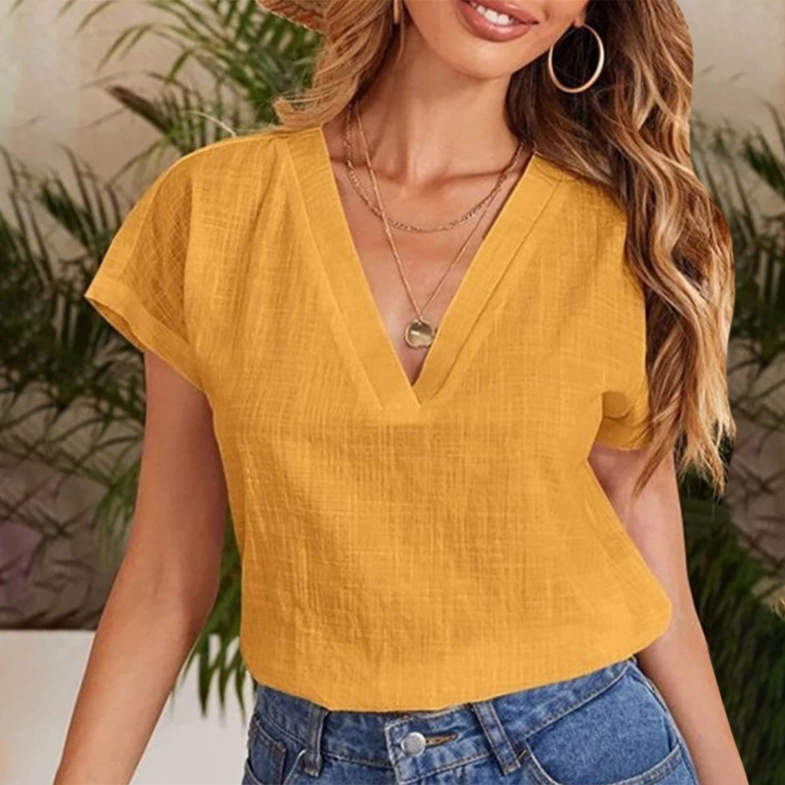 Women s Fashionable Cotton Linen Loose V-Neck Short-Sleeve Top S жёлтый