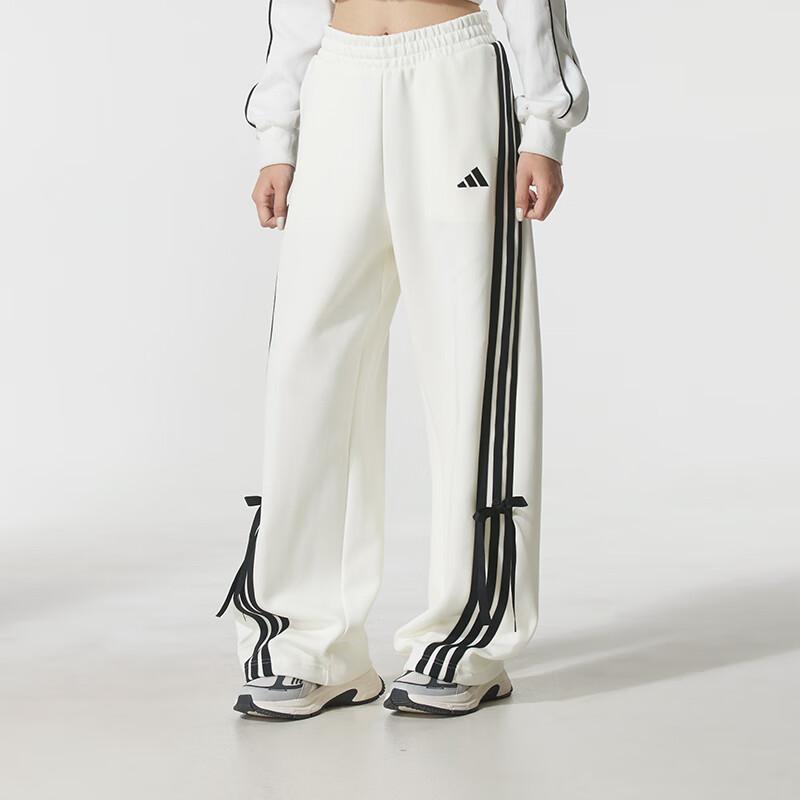 Adidas Loose Fit Lace-Up Striped Bow Wide Leg Casual Pants Women bottoms White KG3857