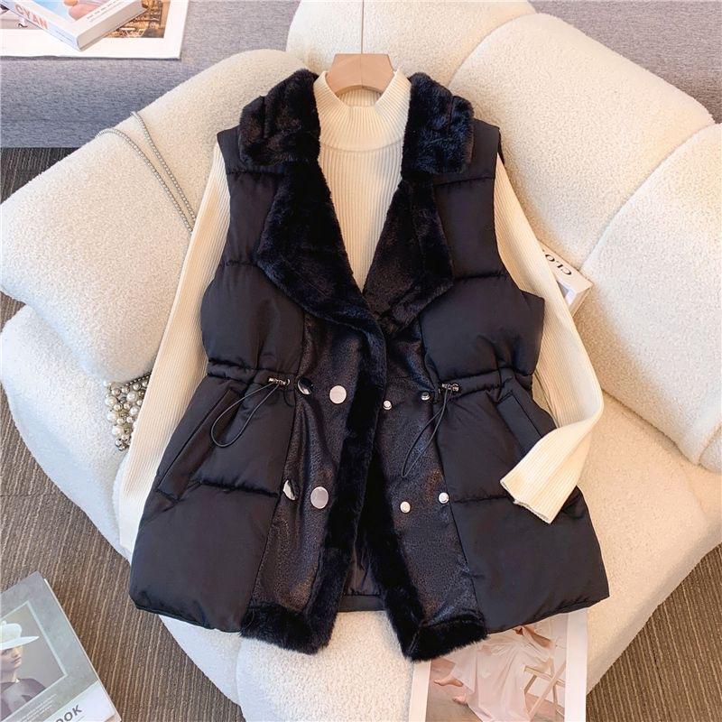 Winter Cotton Fur Down Vest Womens Vest Stand Collar Button Down Padded Jacket with Drawstring Waistcoat