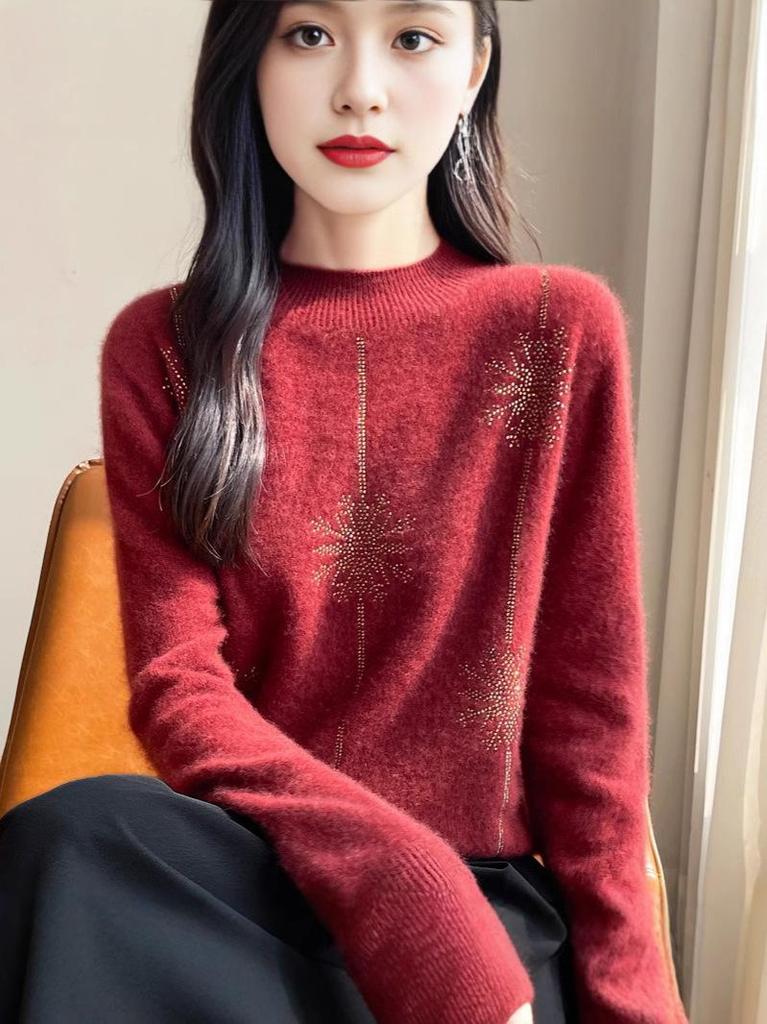 Women's Knitted Sweater with Inlaid Diamonds - Half-High Collar, Heavyweight for Autumn/Winter, Christmas Inner Wear.