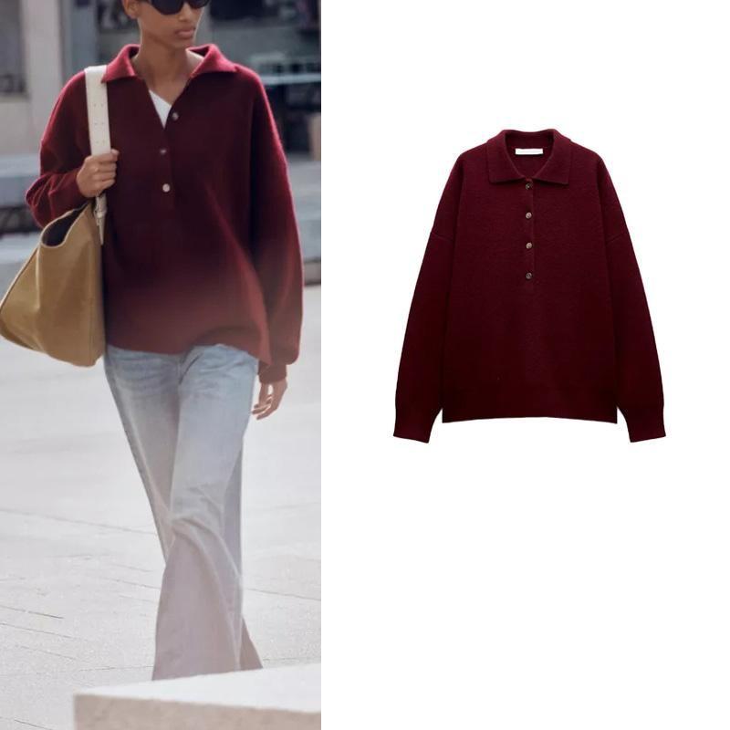 Fall and Winter New Women's Clothing Fashion Style Wool Blend Simple Loose Long Sleeves Polo Shirt Tops 2893160