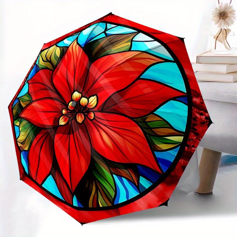 1pc Stained Glass Automatic Folding Umbrella - 8-Rib Iron Frame, Windproof, Portable Sunshade with Plastic Handle for Travel & Outdoor Activ