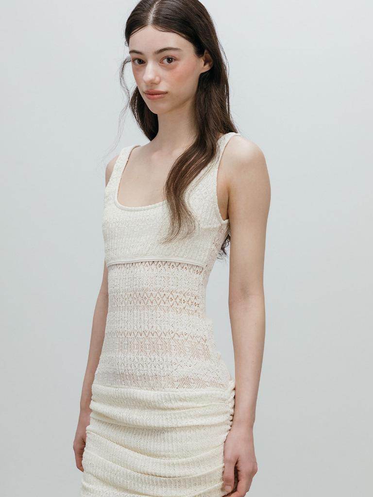 Moi Fair Crochet Shirring Mini Dress / Ivory