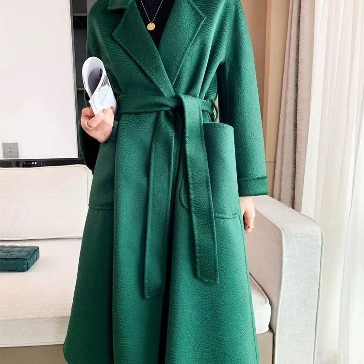 Double-Sided Cashmere Wool Coat: Women's Korean-Style Loose Hepburn Jacket with Suit Collar in Green.