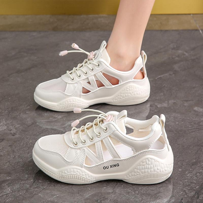 Women's shoes 2025 new summer breathable mesh hollow thin little white shoes one pedal light sports sandals explosion