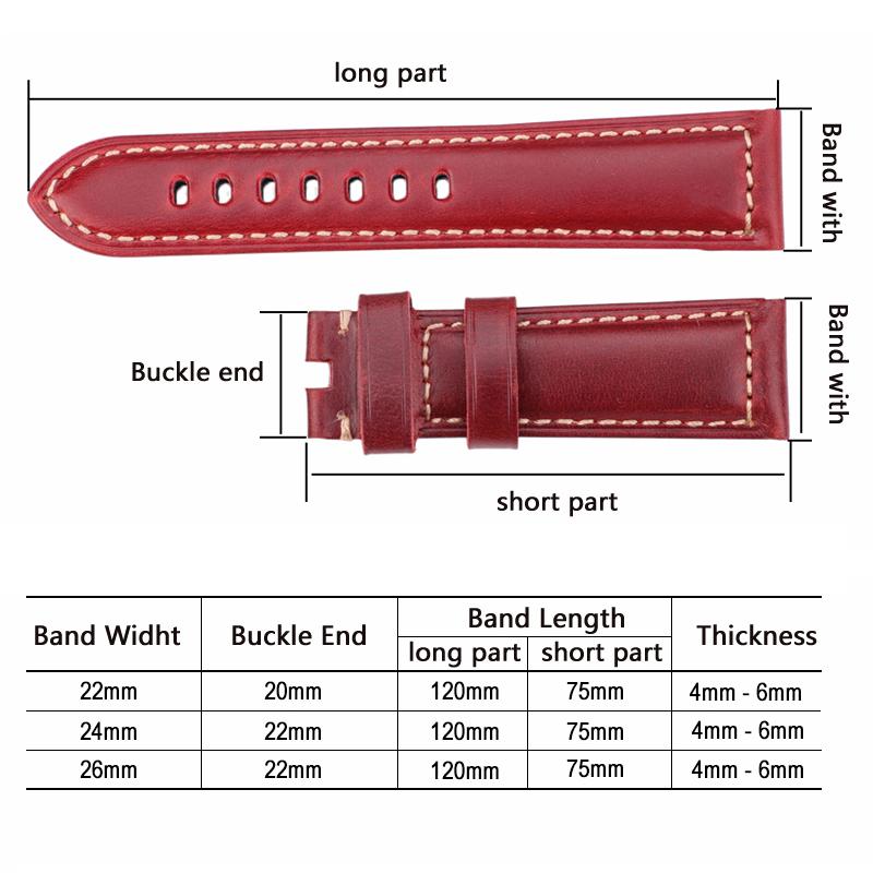 Watchband Vintage Watchbands 22mm 24mm 26mm Cow Leather Watch Strap Band Red Blue Green Brown With Skeleton Pin Buckle