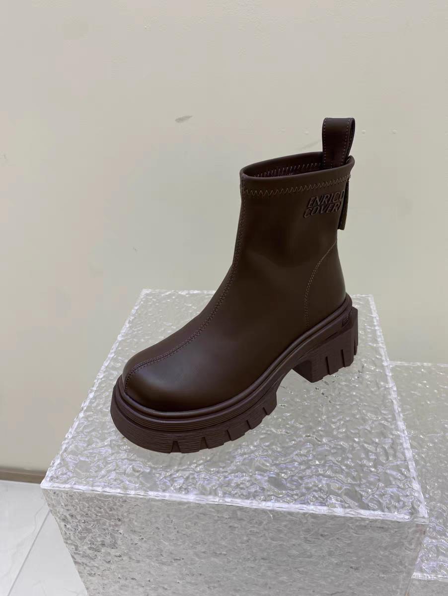 

мода Новая женская обувь Ботильоны на среднем каблуке Ботинки для женщин 2024 Осень Зима Женская обувь средней высоты из ПУ однотонные Женские ботильоны 40 коричневый