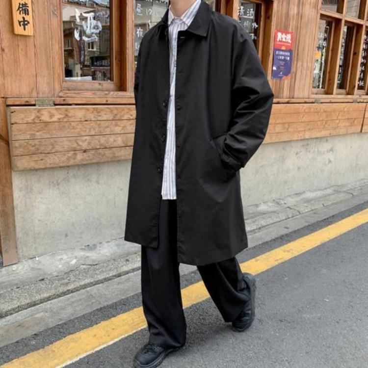 Men Double Breasted Windbreaker Coat Long Sleeve Lapel Solid Color Loose Fit Casual Mid Length Trench Coat with Pockets