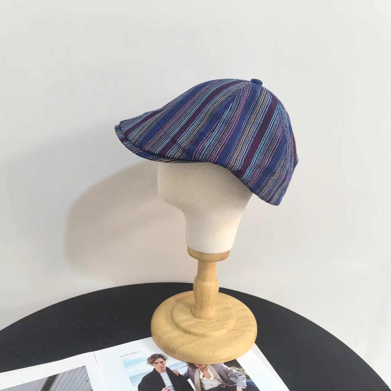

Face small newsboy painter hat big head circumference reverse forward hat retro beret women s versatile striped plaid M（56-58cm） тёмно-синий