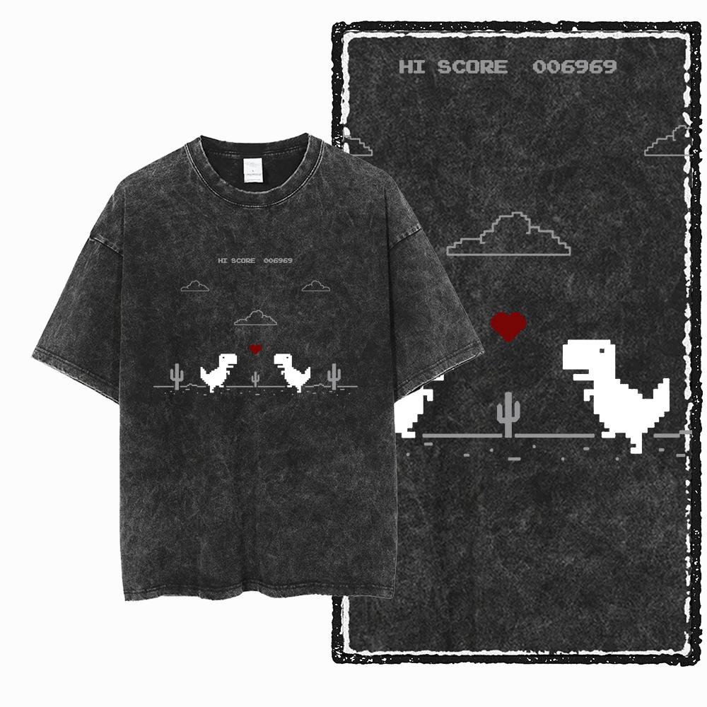 ZH DINO GAME THEME Printed Cotton Acid Washed Exclusive Graphic Unisex T Shirt Cool Streetwear Men Tshirts Big Size Tee for Men