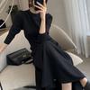 Women's Fashion Black Round Neck Long Sleeve Sexy Temperament Waist Slim Long Swing Skirt Dress