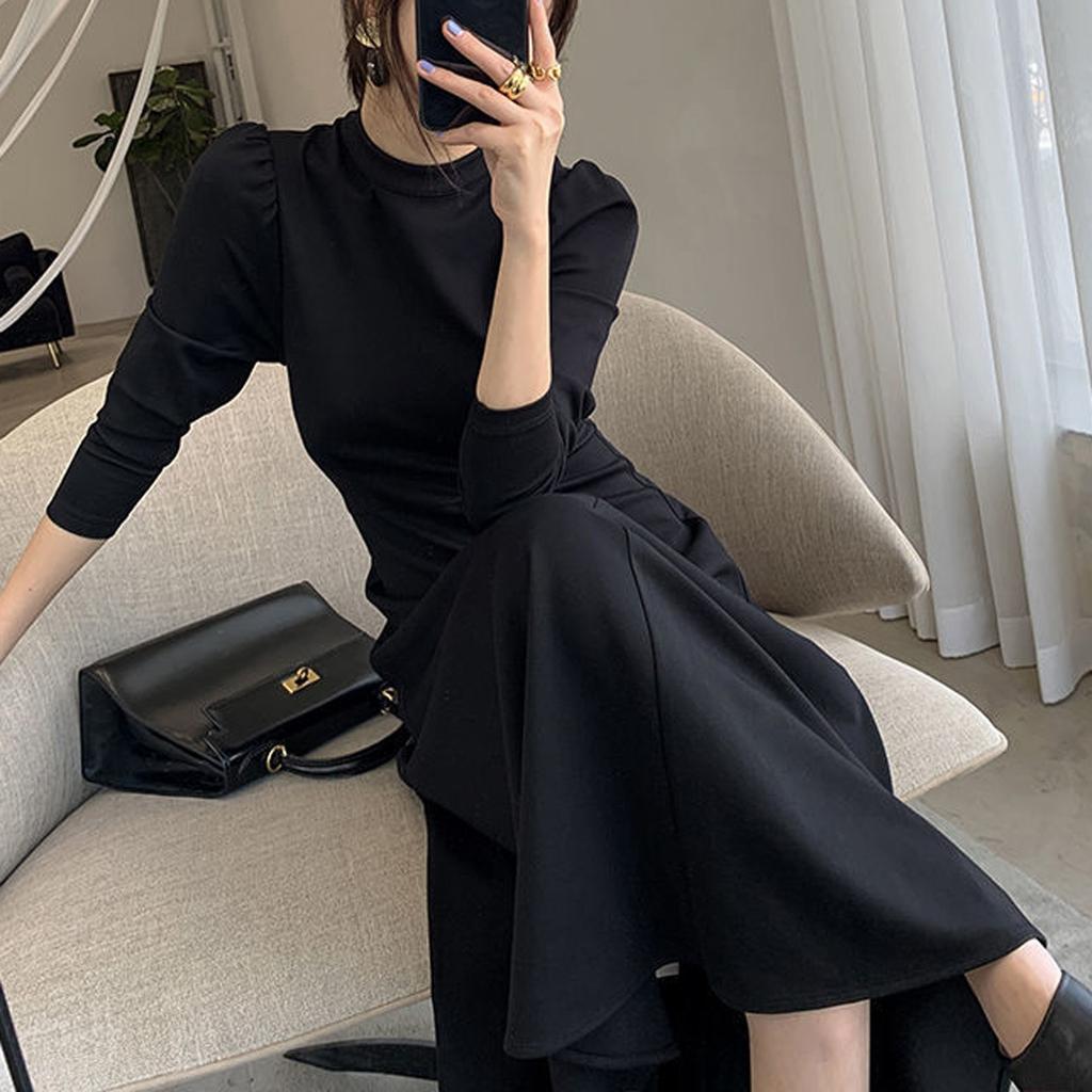 Women's Fashion Black Round Neck Long Sleeve Sexy Temperament Waist Slim Long Swing Skirt Dress