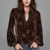 Tricou de damă din catifea cu decolteu în V, cu mâneci trompetă din dantelă franțuzească și strasuri pentru Toamnă/Iarnă