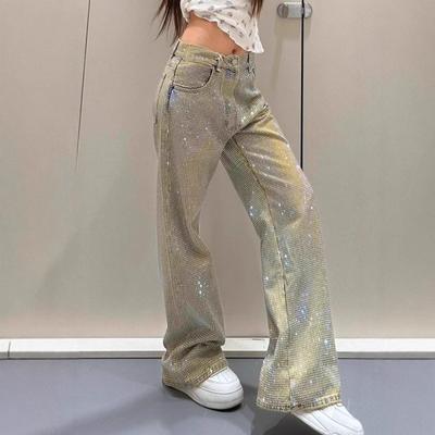 2026 New American Style Jeans, Diamond-Studded Straight Leg Denim Pants for Women, Unique Starry Sky Design for Spring/Autumn Fashion
