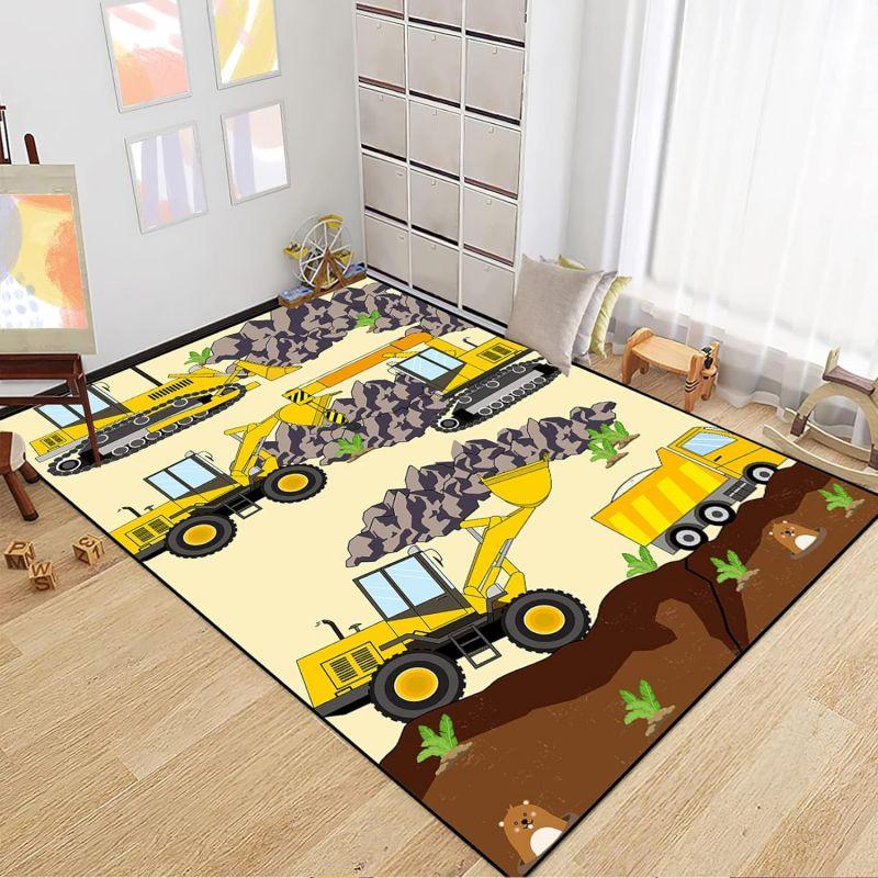 Construction Rugs for Boys Room Construction Play Non Slip Flannel Carpet for Playroom Decor Rug with Truck Tractor Print Mat