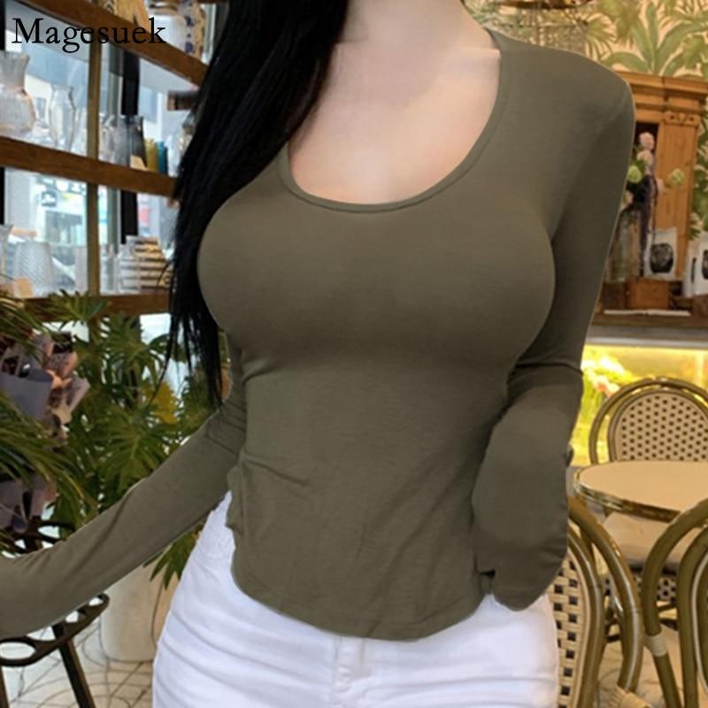 Autumn Long Sleeve Tshirt Women Fashion Slim White Woman Tshirts Tops High Elasticity Thin Skinny Tee Shirt Clothing 16075
