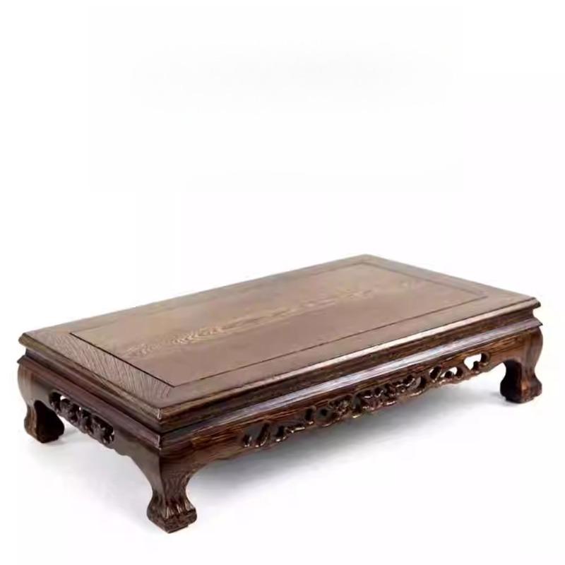 Solid Wood Coffee Table with Carved Legs, Wingset Wood Low Floor Desk for Tatami, Traditional Asian Style Window Sill Side Table