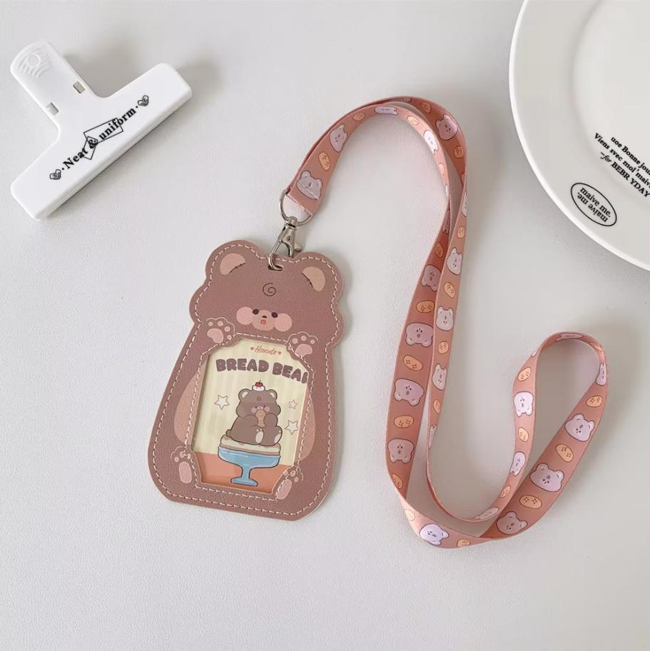 Cartoon Puppy Cat Leather 3inch Cards Cover Neck Strap Lanyard Campus Card Holder For Student