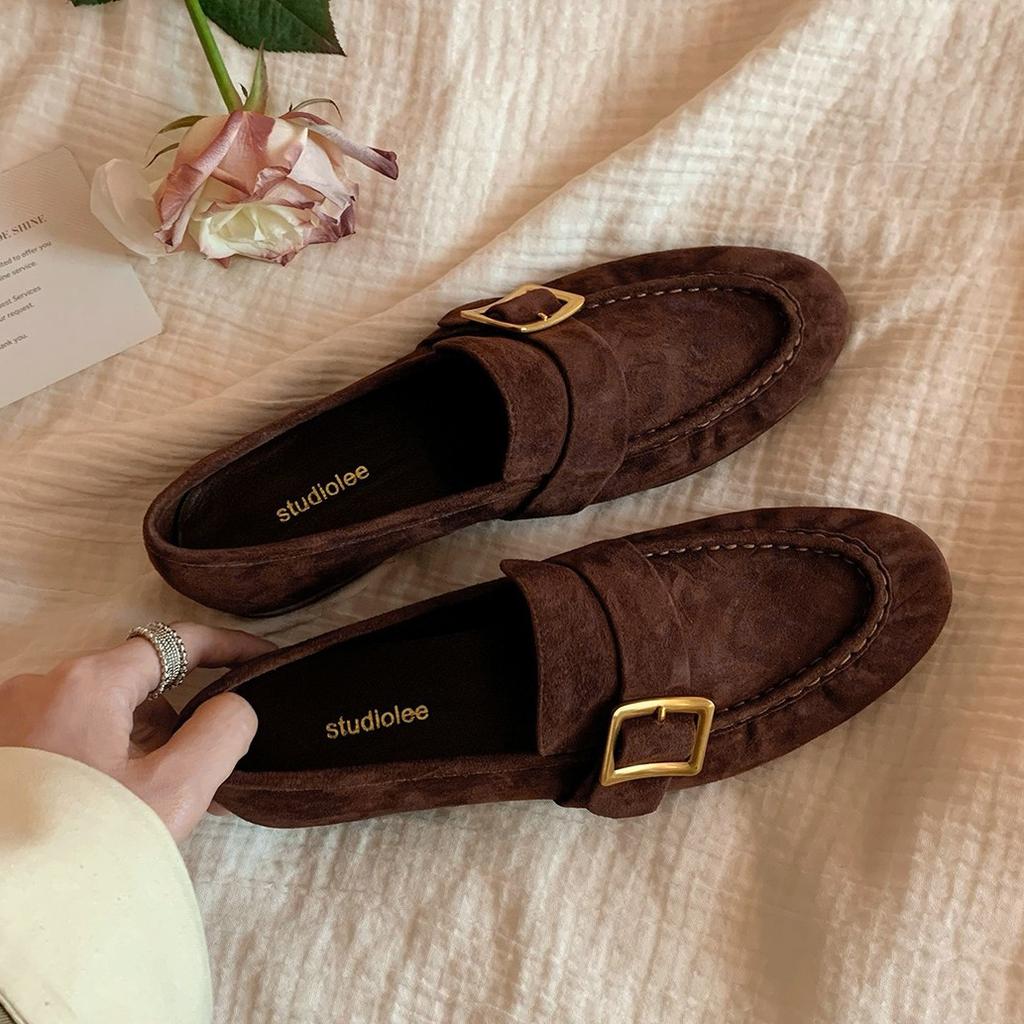 Fashion Metal Buckle Design New Women's Flat Shoes Genuine Leather Shoes British Style Retro Thick Heel Loafers For Women