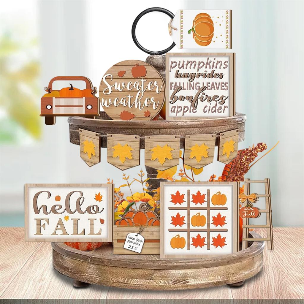 Fall Harvest Wooden Pumpkin Maple Leaf Thanksgiving Table Centerpiece Decor Set of 11 Colorful Home Party Decoration