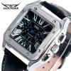 Moderne Jaragar Skelett Automatikuhr für Herren Stilvolles Quadratisches Zifferblatt Multifunktion Lässig & Business Chronograph Echtes Leder