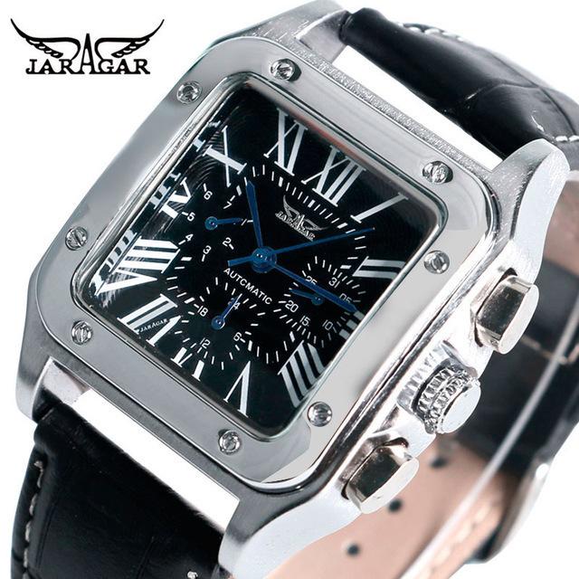 Moderne Jaragar Skelett Automatikuhr für Herren Stilvolles Quadratisches Zifferblatt Multifunktion Lässig & Business Chronograph Echtes Leder