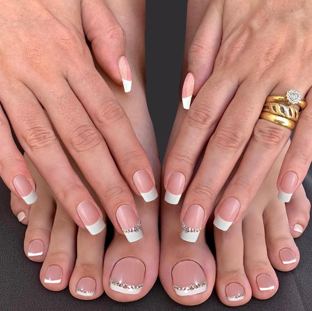 Nail Art Wearing Pink White Hands and Foots Manicure Finished Patch Fake Nail Set Wearing Nail for Daily Use