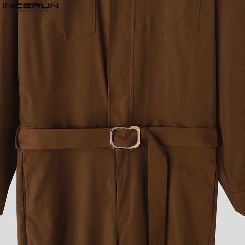 INCERUN Oversized Men Lapel Neck Long Sleeve Belt Waist Casual Loose Long Rompers Jumpsuits