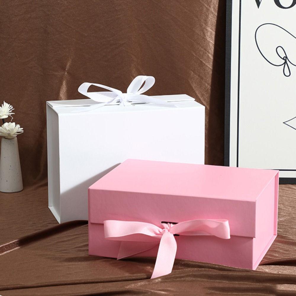 Pure Color Gift Box One-Piece Design Ribbon Decoration Cardboard Folding Box Foldable Flip Cover Wrapping Box Holiday Party