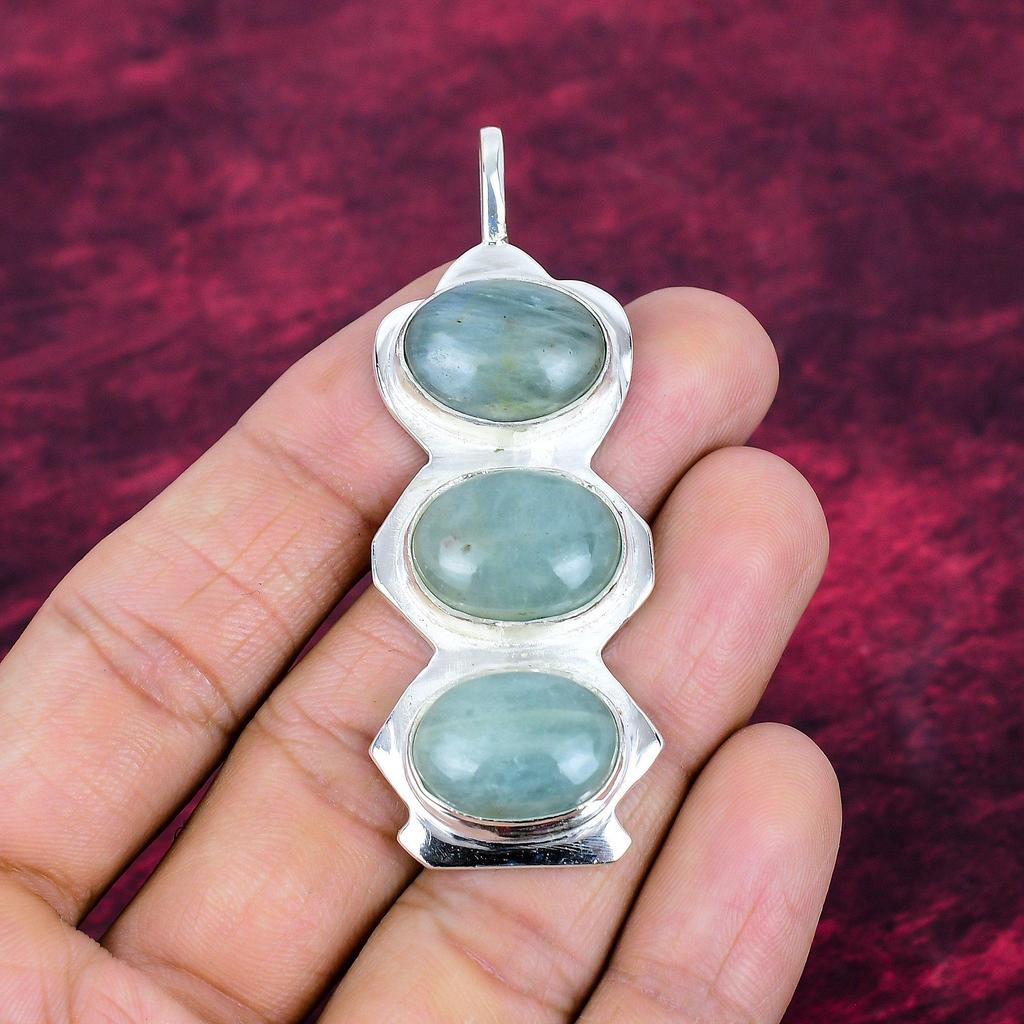 Aquamarine Gemstone Pendant, 925 Solid Sterling Silver Pendant Jewelry, Handmade Antique Jewelry Gift For Mother