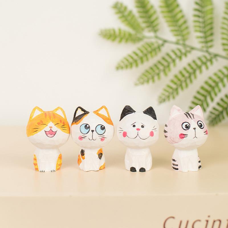 Lucky Cat Small Figurine Wooden Craft Home Office Decor Gift For Celebrations