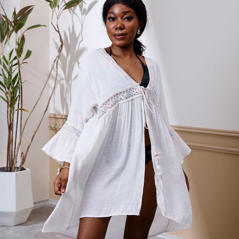 

Пляжный кардиган от солнца с золотой отделкой большого размера One Size белый