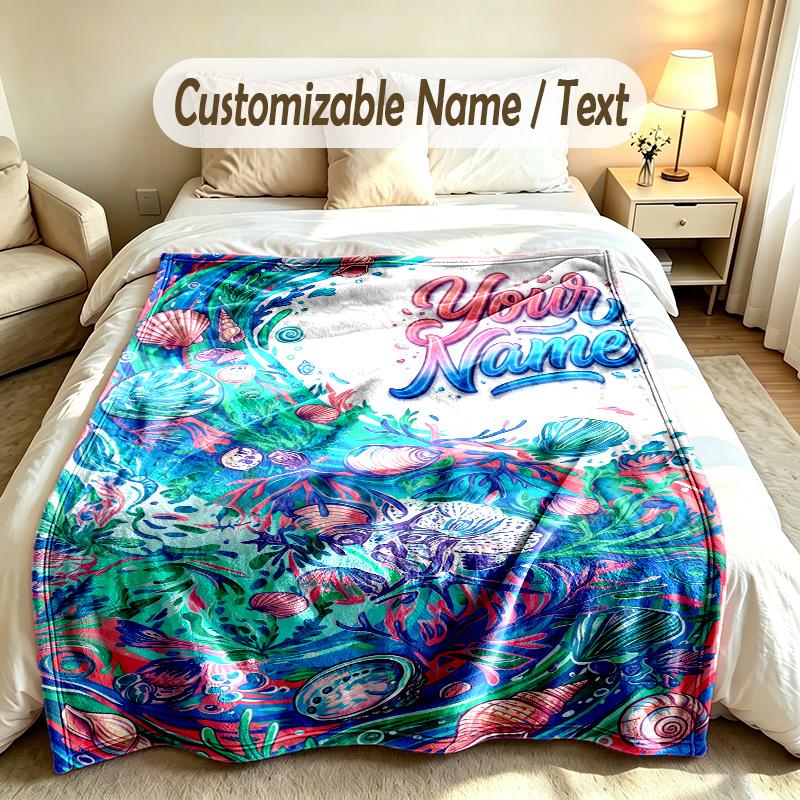 Mermaid Underwater Theme Custom Blanket Personalized Name & Text Customized Soft Warm Throw Blanket Home Decor