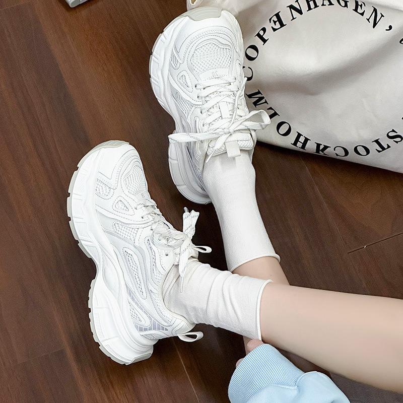 Simple and Fashionable Dad Shoes Women's Spring New Leather Mesh Splicing Breathable Lightweight Platform Sports Shoes