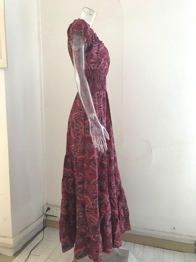 Maxi robe Bohème Rétro Florale 2022 avec Ceinture Définissant la Taille et Évasée